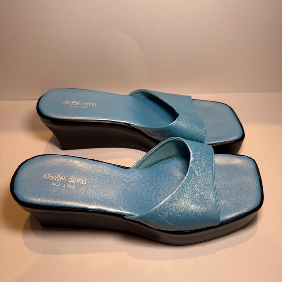 CHARLES DAVID Leather Platform Wedge Heel Sandals Size 8 Light Blue Slides y2k - Picture 1 of 12